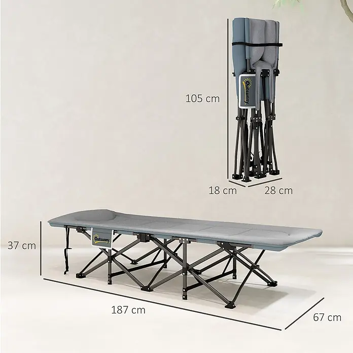 Outsunny Campingliege - Grau, Metall - Grau-blaues klappbares Campingbett, ausgeklappt (187x67x37 cm) und zusammengeklappt (105x28x18 cm) für den Transport dargestellt.