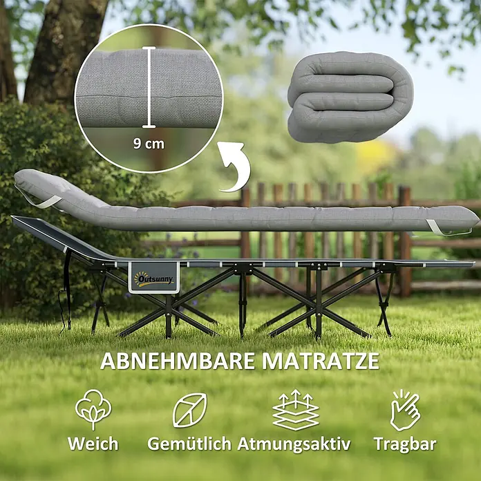 Outsunny Campingliege - Hellgrau, Metall, Klappbar - Campingliege mit 9 cm dicker, abnehmbarer grauer Matratze, auch gerollt gezeigt. Weich, gemütlich, atmungsaktiv, tragbar.