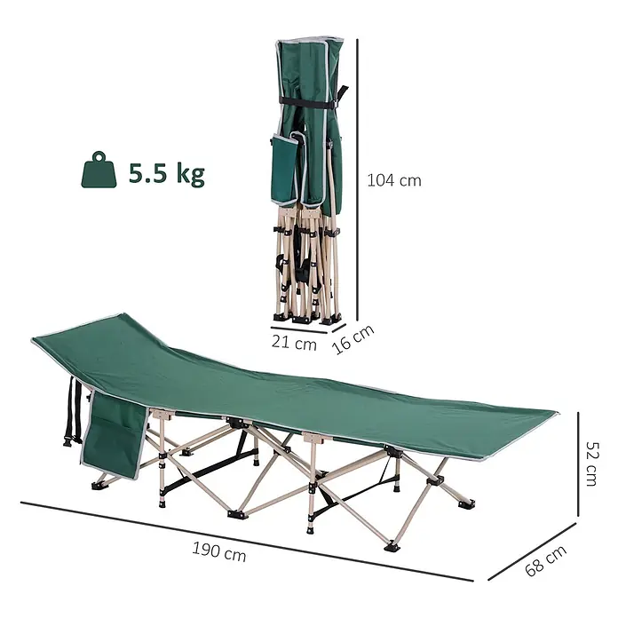 Outsunny Campingliege - Grün, Stahl, Klappbar - Grünes Klapp-Feldbett ausgeklappt mit Maßen und zusammengeklappt für die Lagerung, mit angegebenem Gewicht.
