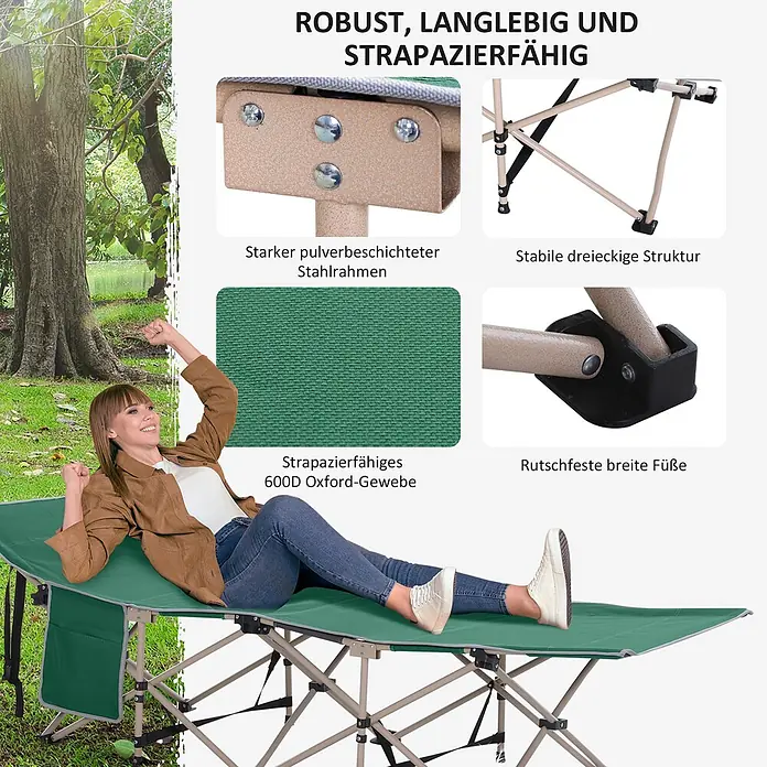 Outsunny Campingliege - Grün, Stahl, Klappbar - Grünes Campingbett mit pulverbeschichtetem Stahlrahmen, stabiler Dreieckskonstruktion, 600D Oxford-Gewebe und rutschfesten Füßen, von Person im Freien genutzt.