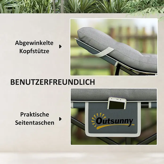 Outsunny Campingliege - Hellgrau, Metall, Klappbar - Graue Outdoor-Liege mit abgewinkelter Kopfstütze und praktischer Seitentasche für ein Handy.