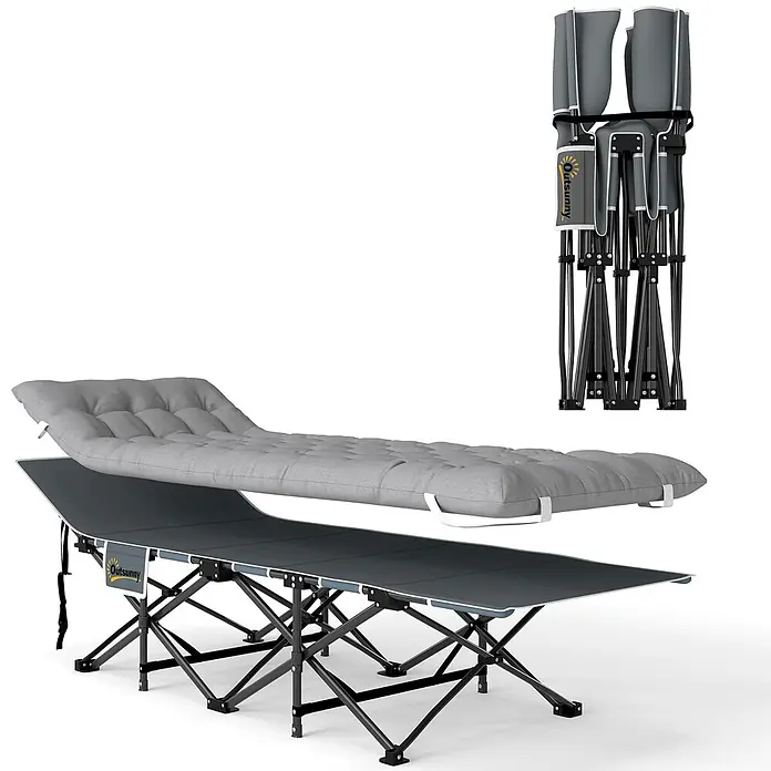 Outsunny Campingliege - Hellgrau, Metall, Klappbar - Graues, klappbares Feldbett mit gepolsterter Matratze, aufgebaut und kompakt zusammengeklappt gezeigt.