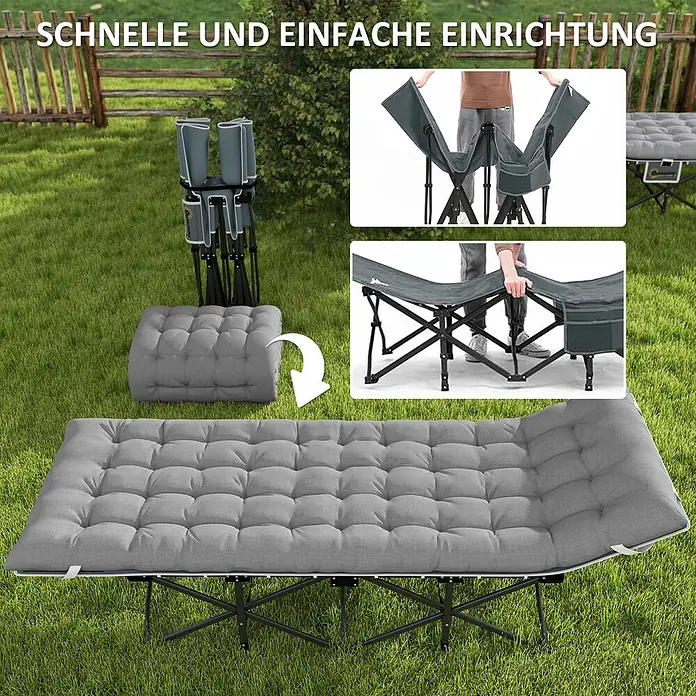 Outsunny Campingliege - Hellgrau, Metall, Klappbar - Graue, gepolsterte Klapp-Campingliege mit Aufbauschritten und separatem Kissen.