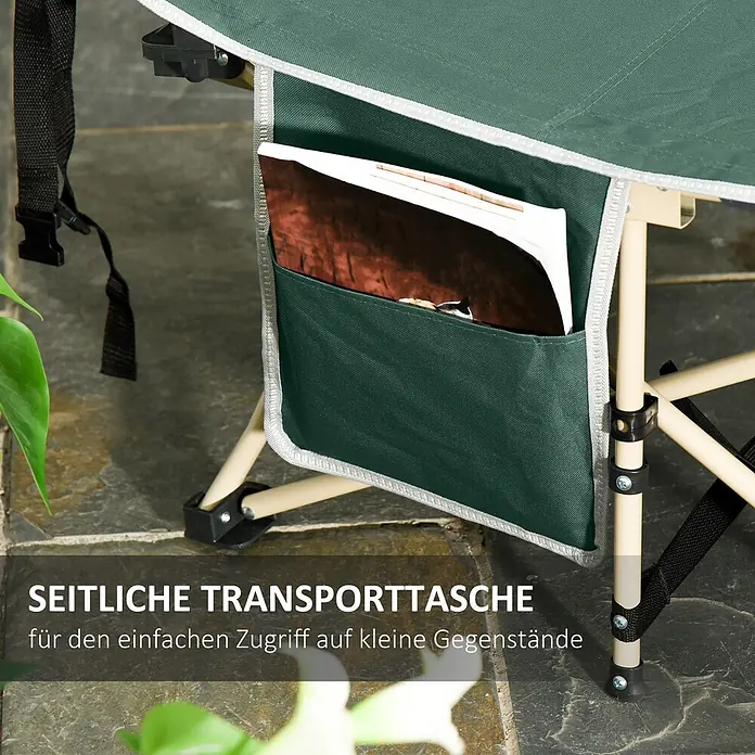 Outsunny Campingliege - Grün, Stahl, Klappbar - Dunkelgrüne Stoff-Seitentasche an einem Campingstuhl/-tisch, mit Magazin. Bietet einfachen Zugriff auf kleine Gegenstände.
