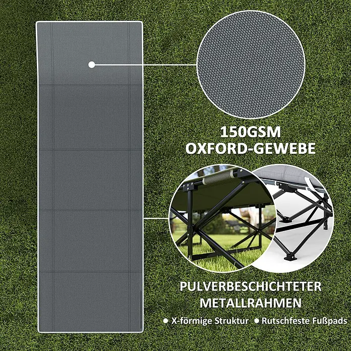 Outsunny Campingliege - Hellgrau, Metall, Klappbar - Dunkelgraues faltbares Feldbett aus 150GSM Oxford-Gewebe mit pulverbeschichtetem Metallrahmen.