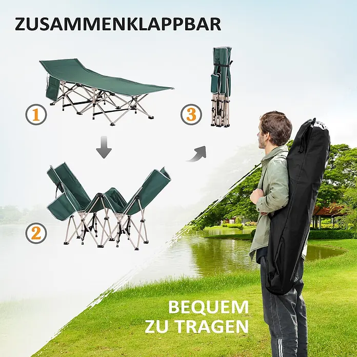 Outsunny Campingliege - Grün, Stahl, Klappbar - Grünes, klappbares Feldbett, ausgeklappt, teilweise gefaltet und kompakt in einer Tasche von einer Person getragen.