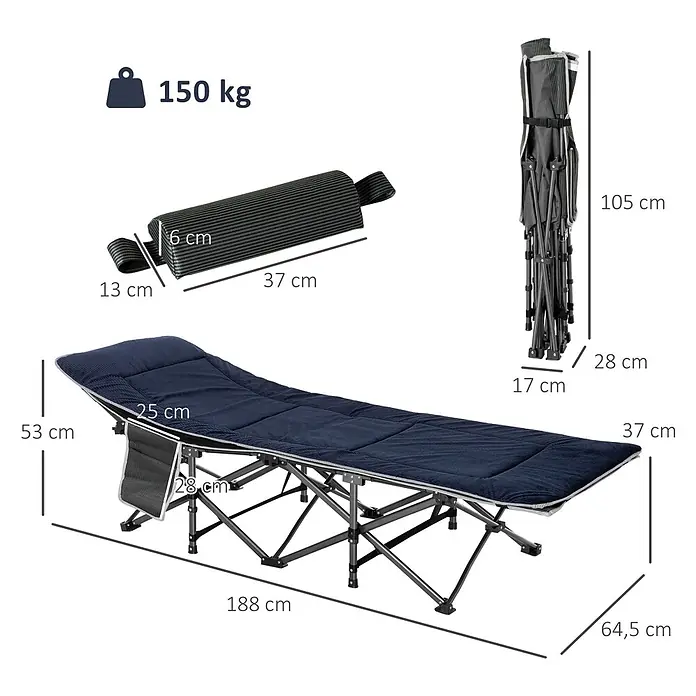 Outsunny Campingliege - Dunkelblau, Grau, Stahl - Dunkelblaues, gepolstertes Klappbett mit Kissen, 188 cm lang, 150 kg Tragkraft, kompakt zusammengeklappt gezeigt.