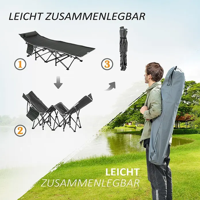 Outsunny Campingliege - Dunkelblau, Grau, Stahl - Dunkelgraues Klapp-Feldbett in drei Stadien: ausgeklappt, teilweise gefaltet, und kompakt zusammengepackt. Eine Person trägt das Bett in einer grauen Tasche im Park.