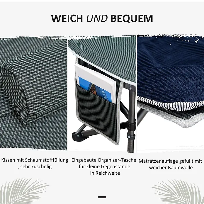 Outsunny Campingliege - Dunkelblau, Grau, Stahl - Gestreiftes Schaumstoffkissen, integrierte Organizer-Tasche und weiche dunkelblaue Baumwollmatratzenauflage für Feldbett/Liege.