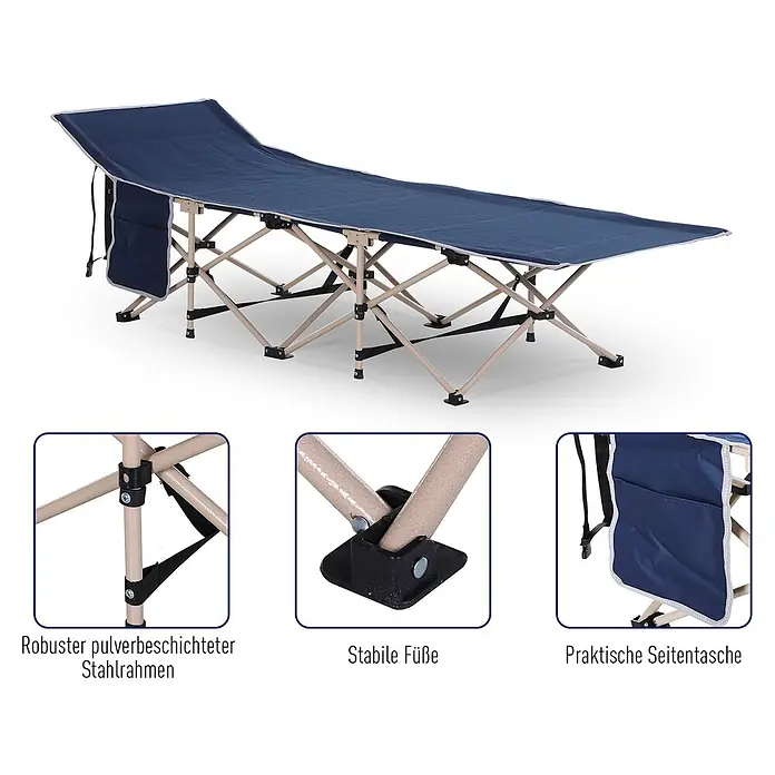 Outsunny Campingliege - Blau, Stahl - Blaues Klappbett mit beigem pulverbeschichtetem Stahlrahmen, stabilen Füßen und praktischer Seitentasche.