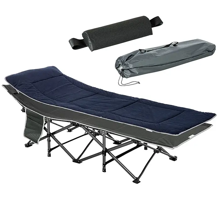 Outsunny Campingliege - Dunkelblau, Grau, Stahl - Klappbares Feldbett mit dunkelblauer Matratze, grauem Gestell, Tragetasche und Lordosenkissen.