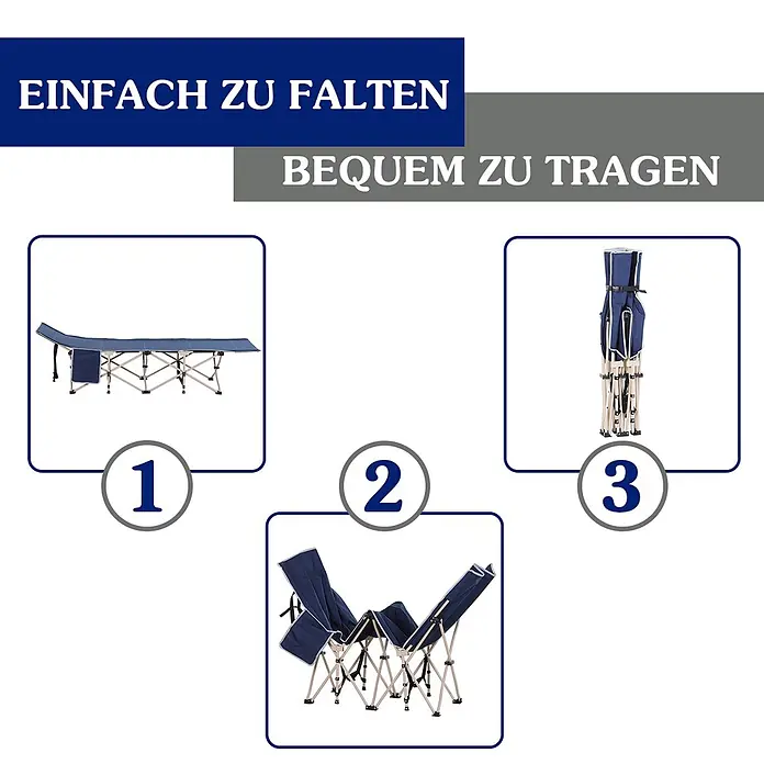 Outsunny Campingliege - Blau, Stahl - Blauer Klappliegestuhl mit Metallrahmen, in drei Schritten gezeigt: ausgeklappt, teilweise gefaltet und kompakt für einfachen Transport.