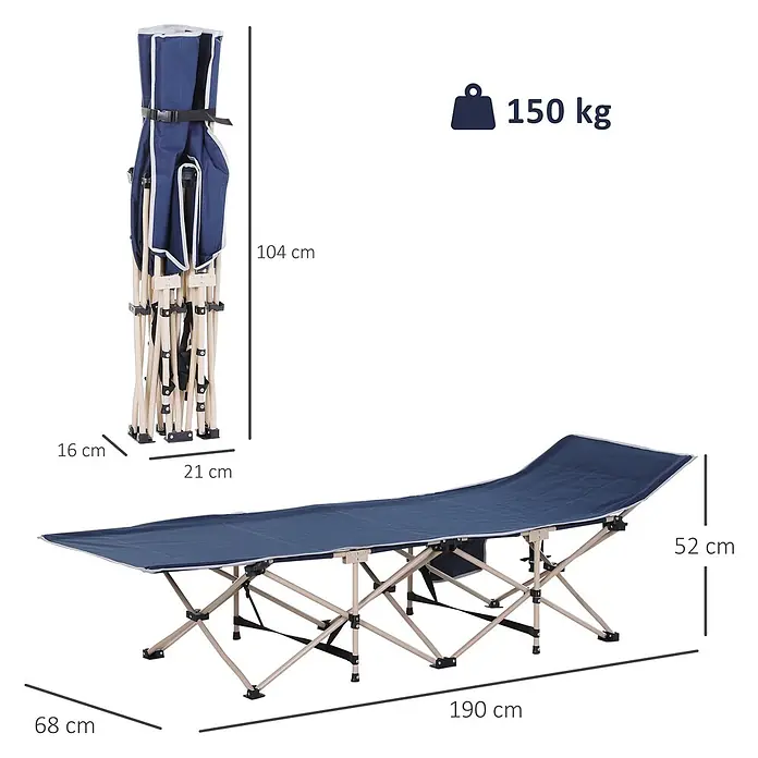Outsunny Campingliege - Blau, Stahl - Ein blaues faltbares Campingbett mit hellbraunem Gestell, gefaltet (104x21x16 cm) und ausgeklappt (190x68x52 cm) gezeigt, bis 150 kg tragfähig.