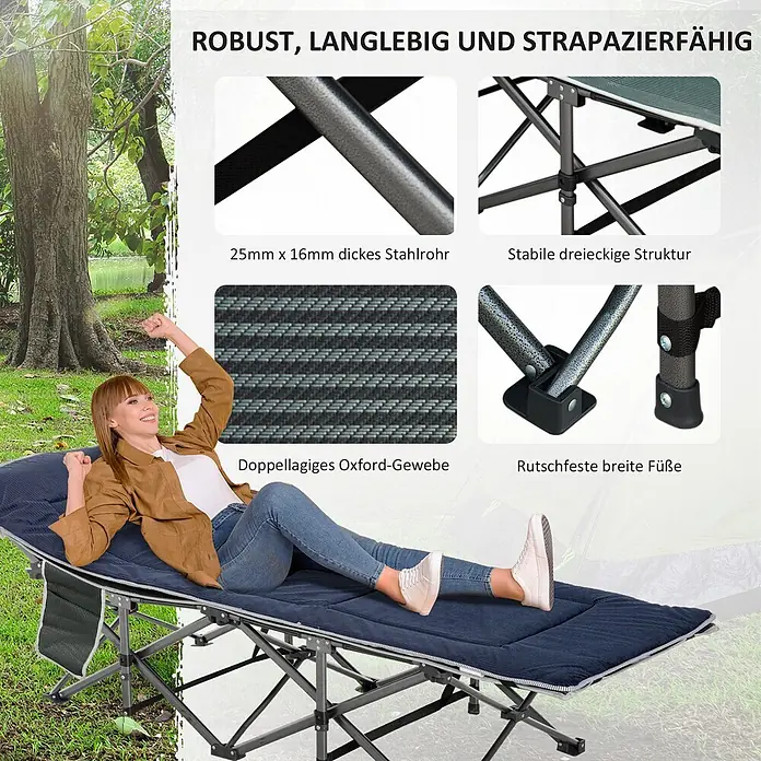 Outsunny Campingliege - Dunkelblau, Grau, Stahl - Frau entspannt auf einer blauen Campingliege im Freien. Die Liege hat einen robusten Stahlrahmen, doppellagigen Oxford-Stoff und rutschfeste Füße.