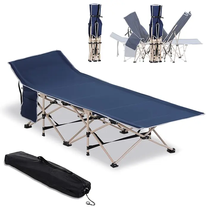 Outsunny Campingliege - Blau, Stahl - Dunkelblaues Klapp-Feldbett mit beigem Rahmen, Seitentaschen und schwarzer Tragetasche. Zeigt das Bett aufgebaut und zusammengeklappt.