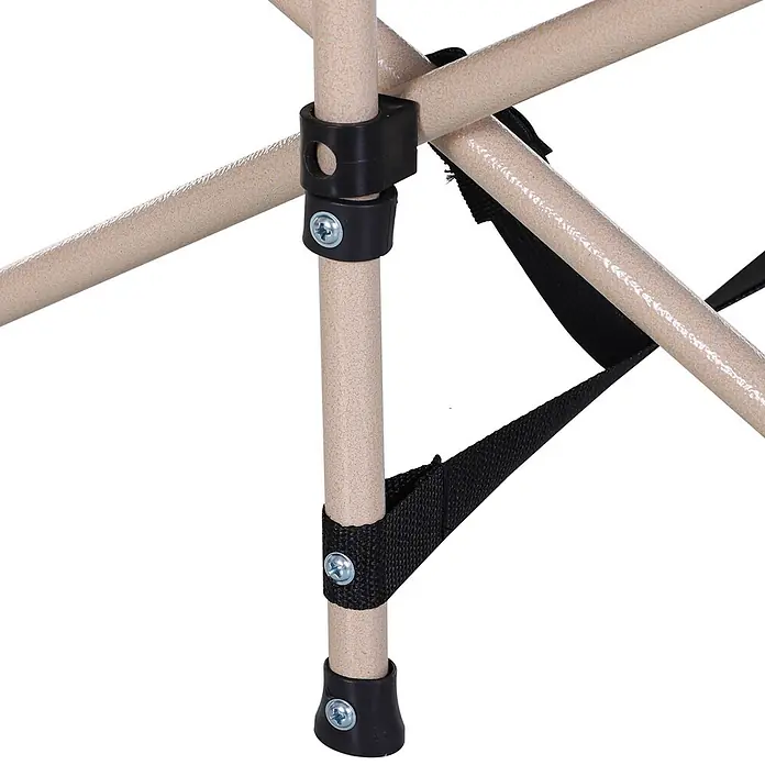 Outsunny Campingliege - Blau, Stahl - Nahaufnahme eines tragbaren Gestells aus beige gesprenkelten Metallrohren mit schwarzen Kunststoffverbindern, Schrauben und Stoffgurten.