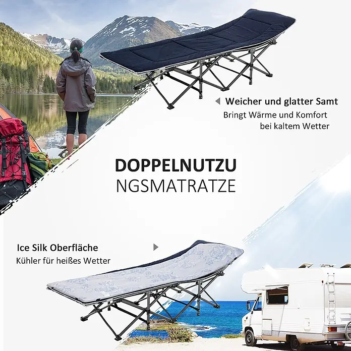Outsunny Campingliege - Dunkelblau, Grau, Stahl - Klappbares Feldbett mit wendbarer Matratze: dunkelblauer Samt für Wärme und gemusterte Eisseide für Kühlung.