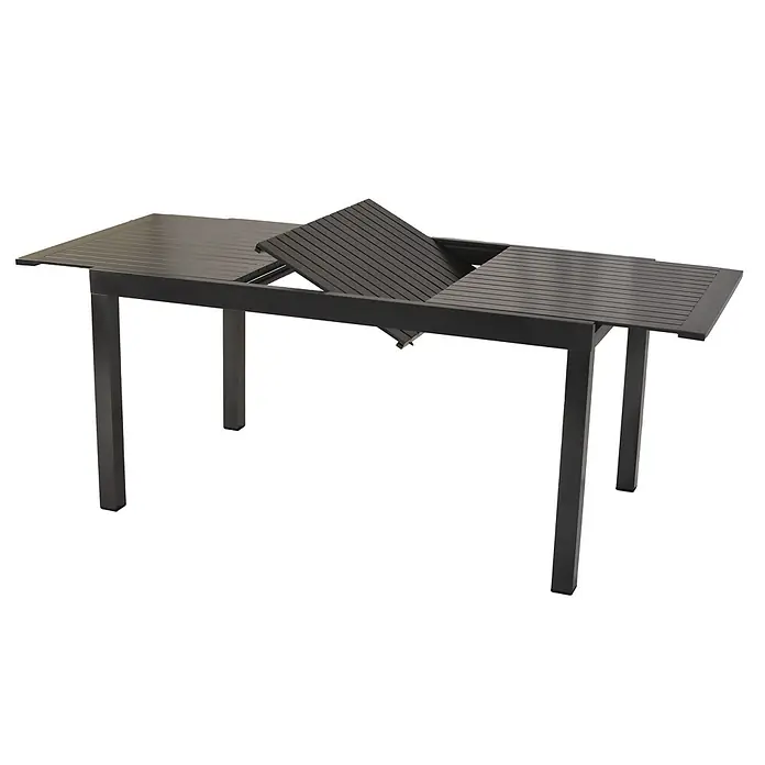 Merxx Gartentisch-Set Tilos - Gesamtumfang: 7 -tlg., Aluminium/Akazie, Klappbar - Dunkelgrauer, ausziehbarer Metalltisch mit Lamellenplatte und geöffnetem Mittelblatt.