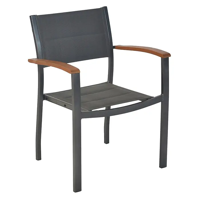 Merxx Gartentisch-Set Paxos - Gesamtumfang: 5 -tlg., L x B x H: 200 x 90 x 75 cm, Aluminium/Textil/Akazie, Stapelbar - Dunkelgrauer Gartenstuhl mit Metallgestell, Netzgewebe-Sitz und -Rückenlehne sowie Holzarmlehnen.