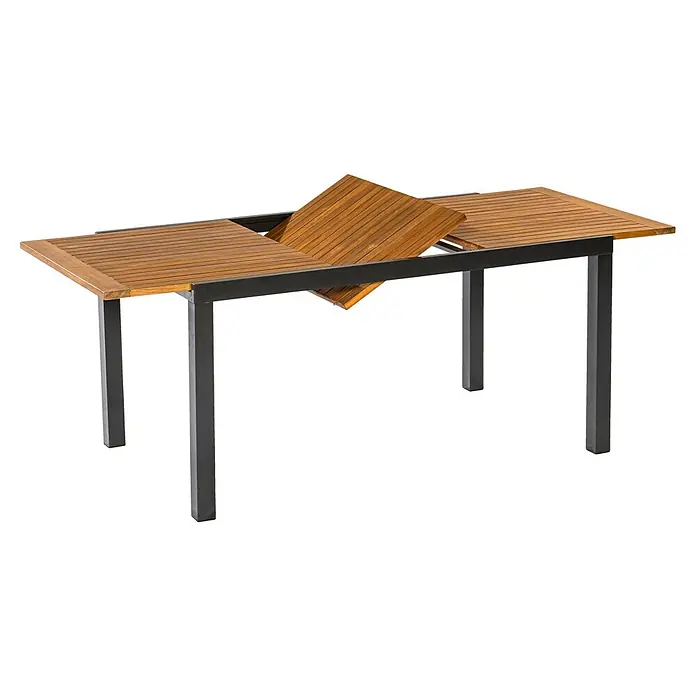 Merxx Gartentisch-Set Paxos - Gesamtumfang: 5 -tlg., L x B x H: 200 x 90 x 75 cm, Aluminium/Textil/Akazie, Stapelbar - Ausziehbarer Esstisch mit Holzlamellenplatte und dunklem Metallgestell, Erweiterungsplatte hochklappend gezeigt.