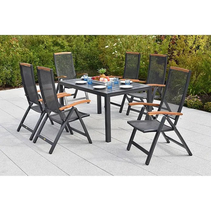 Merxx Gartentisch-Set Tilos - Gesamtumfang: 7 -tlg., Aluminium/Akazie, Klappbar - Dunkelgraues Metall-Gartenset mit Holzakzenten, bestehend aus einem rechteckigen Tisch und sechs Stühlen.