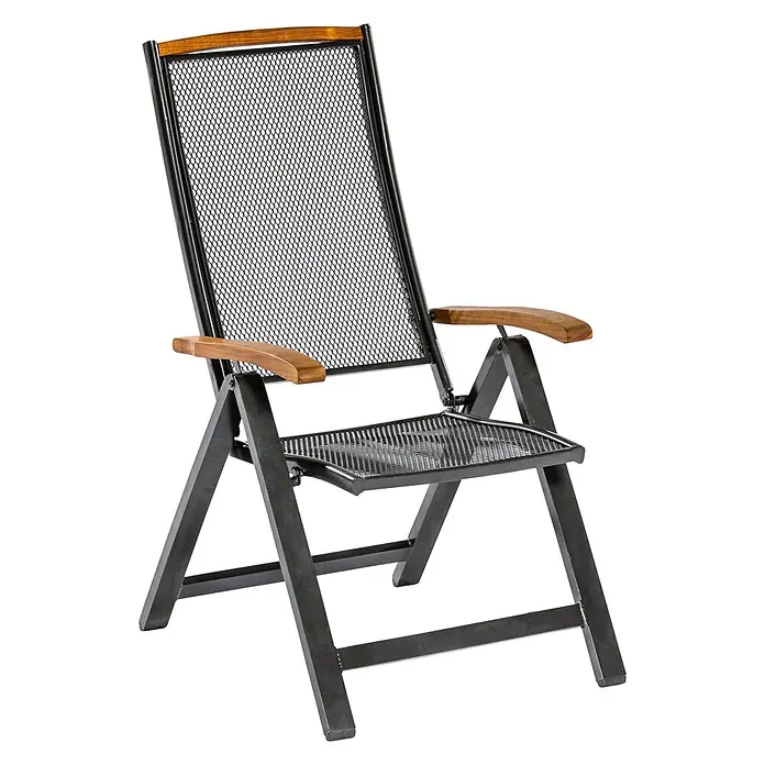 Merxx Gartentisch-Set Tilos - Gesamtumfang: 7 -tlg., Aluminium/Akazie, Klappbar - Dunkelgrauer Metall-Klappstuhl mit Netzrückenlehne und Sitzfläche sowie Holzarmlehnen.