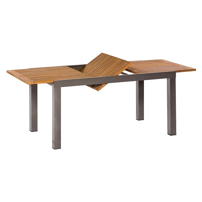 Merxx Gartentisch-Set Santorin - Gesamtumfang: 5 -tlg., Aluminium/Akazie, Klappbar - Ausziehbarer Gartentisch mit Naturholz-Lattenplatte und dunkelgrauem Metallgestell, teilweise ausgezogen.