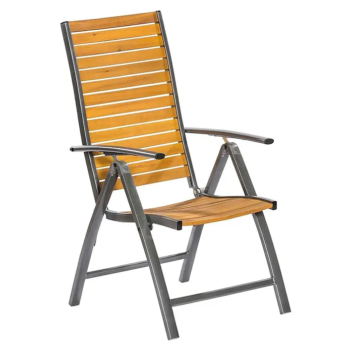 Merxx Gartentisch-Set Santorin - Gesamtumfang: 5 -tlg., Aluminium/Akazie, Klappbar - Verstellbarer Klappstuhl für den Garten mit hellbraunen Holzlatten und grauem Metallrahmen.