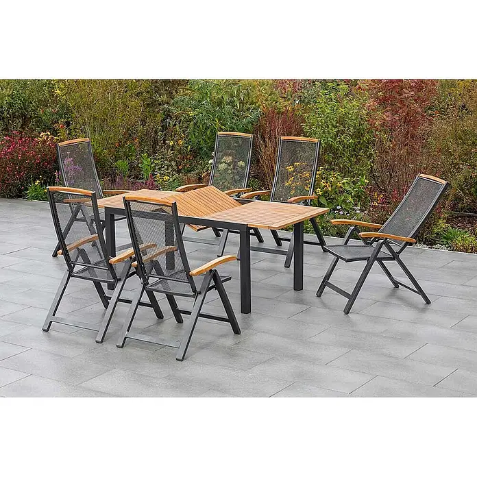 Merxx Gartentisch-Set Tilos - Gesamtumfang: 7 -tlg., Aluminium/Akazie, Klappbar - Outdoor-Esstisch mit Holztischplatte und sechs dunklen Metallstühlen mit Netzlehnen und Holzarmlehnen.