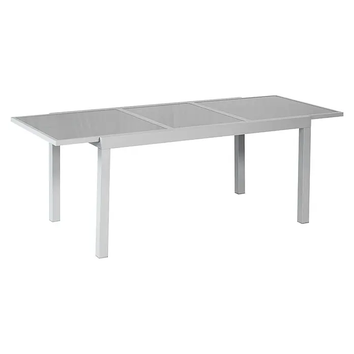Merxx Gartentisch-Set Amalfi - Gesamtumfang: 7 -tlg., L x B x H: 160 x 81 x 76 cm, Aluminium/Textil, Stapelbar - Ausziehbarer rechteckiger Tisch mit hellgrauem Gestell und Glasplatte.