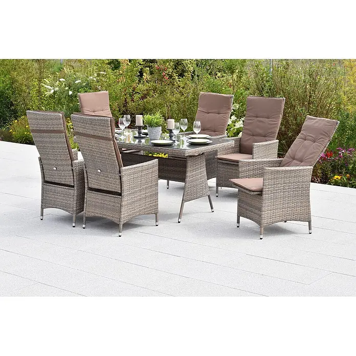 Merxx Gartentisch-Set Valencia - Gesamtumfang: 13 -tlg., Aluminium/Kunstoffgeflecht, Rückenlehne verstellbar - Rattan-Gartenset mit bequemen braunen Polstern, Glastisch und sechs Stühlen, bereit für Mahlzeiten im Freien.