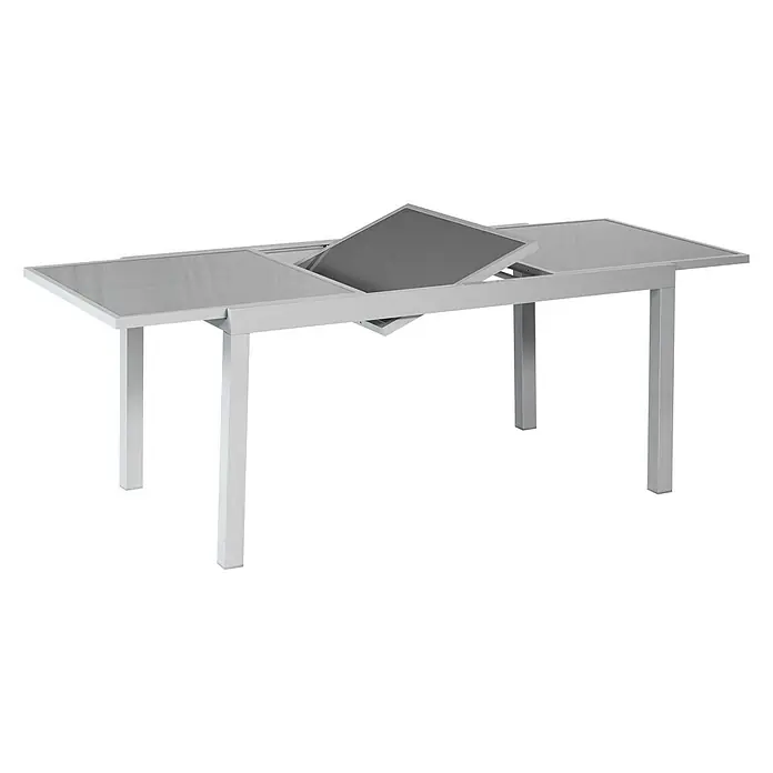 Merxx Gartentisch-Set Amalfi - Gesamtumfang: 7 -tlg., L x B x H: 160 x 81 x 76 cm, Aluminium/Textil, Stapelbar - Silbergrauer Ausziehtisch mit Glasplatte, der den internen Auszugsmechanismus zeigt.