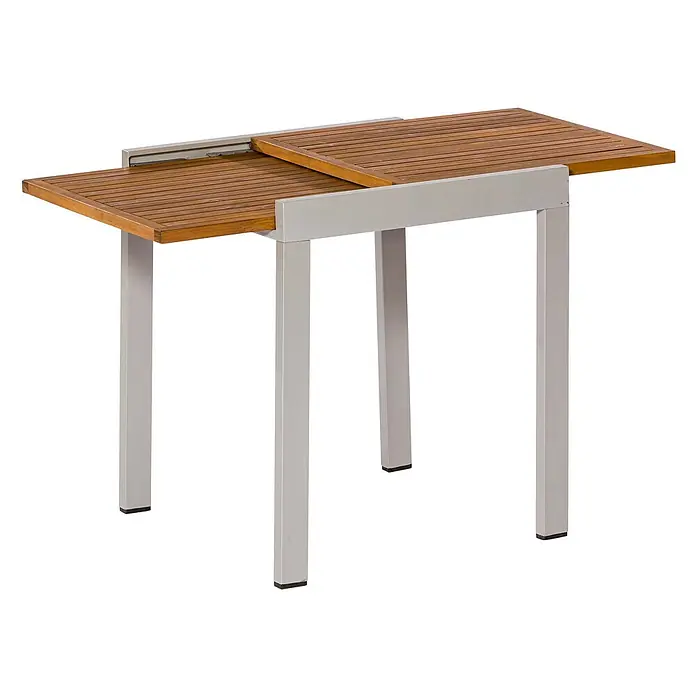Merxx Gartentisch-Set Naxos - Gesamtumfang: 3 -tlg., Aluminium/Akazie/Textil, Klappbar - Ausziehbarer Tisch mit Lattenrost aus Holz und hellgrauem Metallgestell.