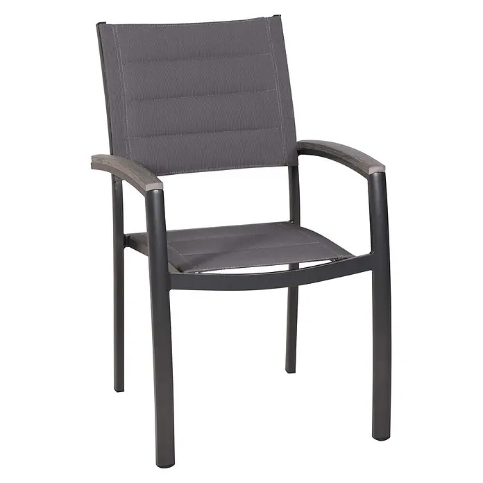 Merxx Gartentisch-Set Pisa - Gesamtumfang: 5 -tlg., L x B x H: 160 x 90 x 77 cm, Aluminium/Textil, Stapelbar - Moderner dunkelgrauer Outdoor-Stuhl mit hellgrauen Holzoptik-Armlehnen und dunkelgrauem Sling-Gewebe.