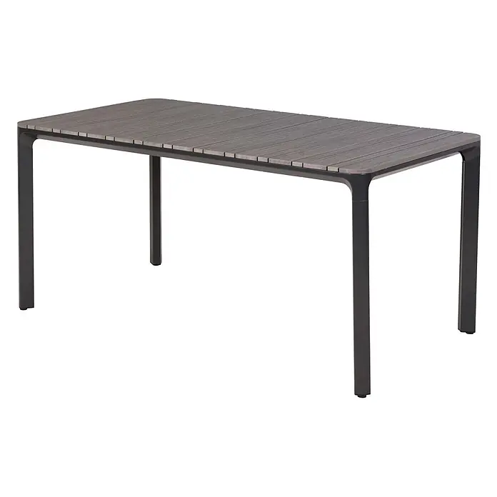 Merxx Gartentisch-Set Pisa - Gesamtumfang: 7 -tlg., Aluminium/Textil, Stapelbar - Rechteckiger Gartentisch mit grauer Lattenplatte und dunkelgrauem Metallrahmen.