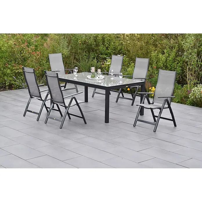 Merxx Gartentisch-Set Carrara - Gesamtumfang: 7 -tlg., L x B x H: 300 x 110 x 75 cm, Aluminium/Textil, Klappbar - Dunkelgrauer Metall-Terrassentisch mit Glasplatte und sechs passenden Klappstühlen.