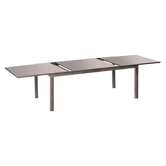 Merxx Gartentisch-Set Carrara - Gesamtumfang: 9 -tlg., L x B x H: 300 x 110 x 75 cm, Aluminium/Textil, Klappbar - Ausziehbarer Esstisch mit dunkelgrauem Metallrahmen und hellgrauer Keramikplatte, in ausgezogener Position dargestellt.