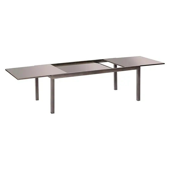 Merxx Gartentisch-Set Carrara - Gesamtumfang: 9 -tlg., L x B x H: 300 x 110 x 75 cm, Aluminium/Textil, Klappbar - Ausziehbarer Esstisch aus Metall mit gräulicher Platte, teilweise ausgezogen dargestellt.