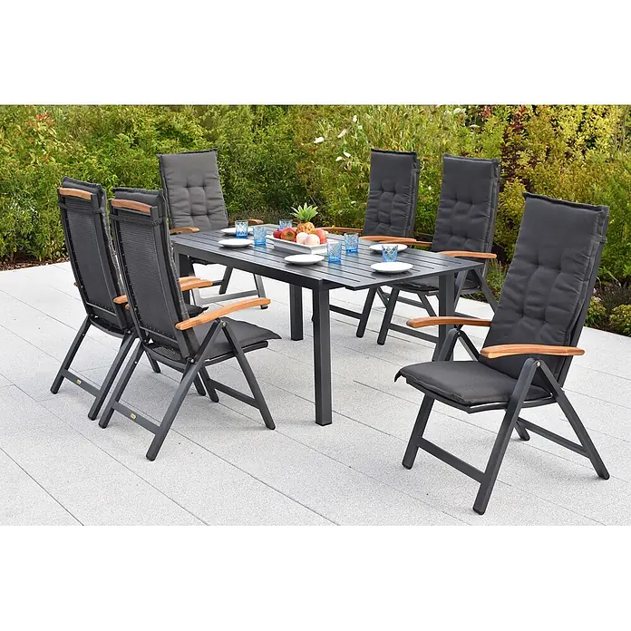 Merxx Gartentisch-Set Tilos - Gesamtumfang: 13 -tlg., Aluminium/Akazie, Klappbar - Dunkelgraues Outdoor-Esstisch-Set mit acht Stühlen, Holzarmlehnen und Polstern, mit Lamellentisch, bereit für die Terrasse.