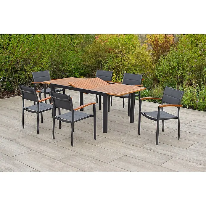 Merxx Gartentisch-Set Paxos - Gesamtumfang: 7 -tlg., L x B x H: 200 x 90 x 75 cm, Aluminium/Textil/Akazie, Stapelbar - Ausziehbarer Outdoor-Esstisch mit Holzlattenplatte und sechs Stühlen mit dunklen Netzsitzen und Armlehnen.