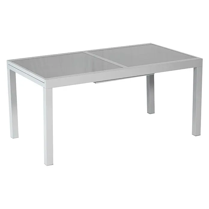 Merxx Gartentisch-Set Amalfi - Gesamtumfang: 9 -tlg., L x B x H: 180 x 100 x 75 cm, Aluminium/Textil, Stapelbar - Rechteckiger ausziehbarer Tisch aus silberfarbenem Metall mit grauer Glasplatte.