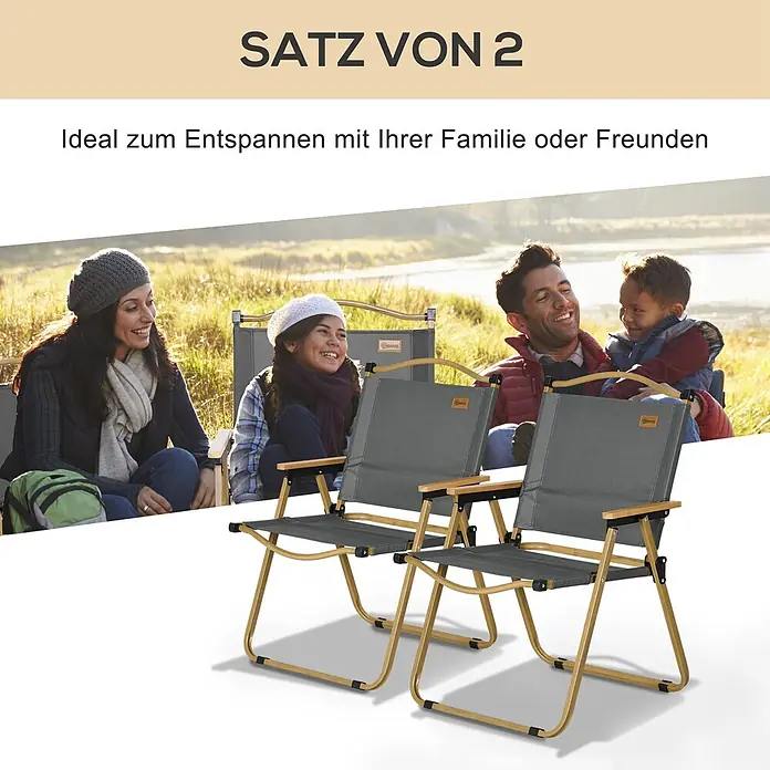 Outsunny Campingstuhl - Oxford-Stoff, Stahl, Klappbar, Dunkelgrau, B x T x H: 59 x 36 x 78 cm - Zwei graue klappbare Campingstühle mit Holzoptik-Rahmen, dargestellt im Gebrauch von Personen beim Entspannen im Freien.