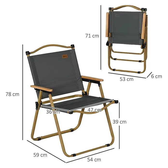 Outsunny Campingstuhl - Oxford-Stoff, Stahl, Klappbar, Dunkelgrau, B x T x H: 59 x 36 x 78 cm - Grauer Klapp-Campingstuhl mit Holzarmlehnen und goldenem Gestell, offen und zusammengeklappt mit Maßen dargestellt.