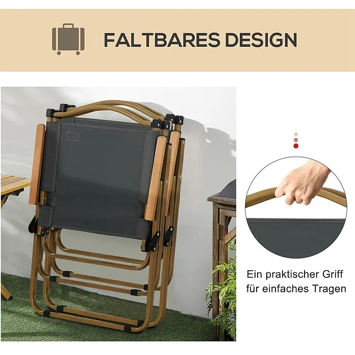Outsunny Campingstuhl - Oxford-Stoff, Stahl, Klappbar, Dunkelgrau, B x T x H: 59 x 36 x 78 cm - Gefalteter dunkelgrauer Campingstuhl mit Holzoptikrahmen, mit praktischem Tragegriff zum einfachen Transport.