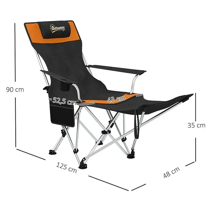 Outsunny Campingstuhl - Oxford-Gewebe, Klappbar, Dunkelgrau, Orange, B x T x H: 48 x 52,5 x 90 cm - Schwarz-orangener Klapp-Campingstuhl mit Metallrahmen, Seitentasche und Getränkehalter, voll ausgeklappt.