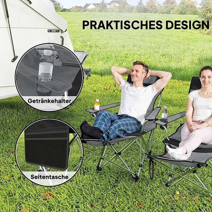 Outsunny Campingstuhl - Oxford-Gewebe, Grau - Zwei graue Campingstühle mit Getränkehaltern und Seitentaschen, von Personen im Freien genutzt.