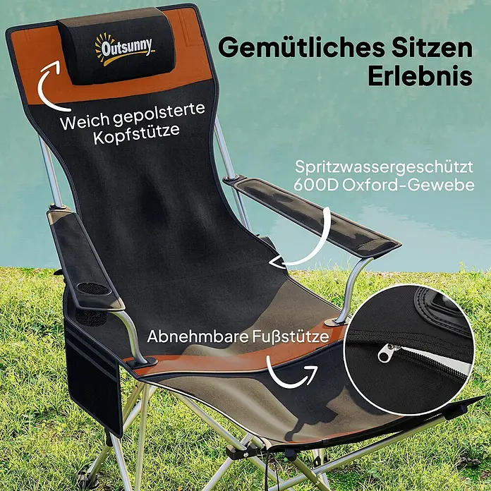Outsunny Campingstuhl - Oxford-Gewebe, Klappbar, Dunkelgrau, Orange, B x T x H: 48 x 52,5 x 90 cm - Schwarz-orange Outsunny Faltliege mit weicher Kopfstütze, abnehmbarer Fußstütze und spritzwassergeschütztem Stoff, draußen gezeigt.