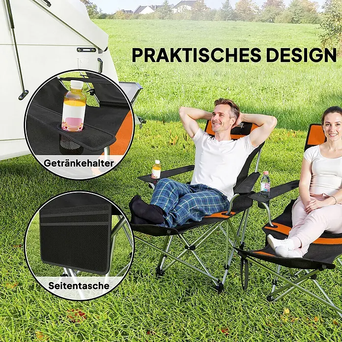 Outsunny Campingstuhl - Oxford-Gewebe, Klappbar, Dunkelgrau, Orange, B x T x H: 48 x 52,5 x 90 cm - Zwei schwarze und orangefarbene klappbare Campingstühle mit Getränkehaltern und Seitentaschen, von einem Paar genutzt.