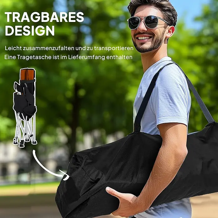 Outsunny Campingstuhl - Oxford-Gewebe, Klappbar, Dunkelgrau, Orange, B x T x H: 48 x 52,5 x 90 cm - Mann trägt eine schwarze Tragetasche mit einem klappbaren Campingstuhl.