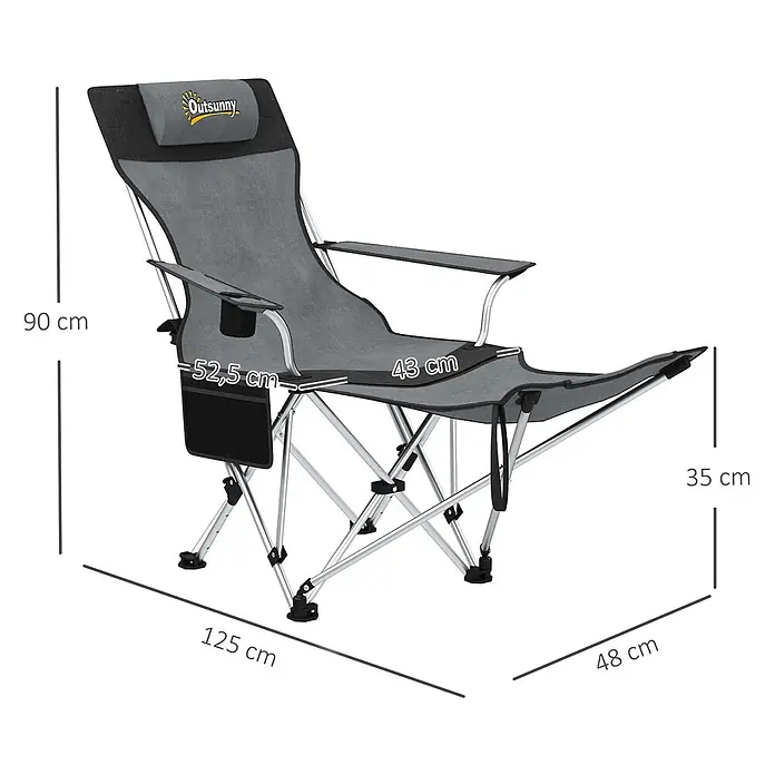 Outsunny Campingstuhl - Oxford-Gewebe, Grau - Grauer und schwarzer Outsunny Campingstuhl mit Metallrahmen, Kopfstütze, Armlehnen, Getränkehalter und Seitentasche.